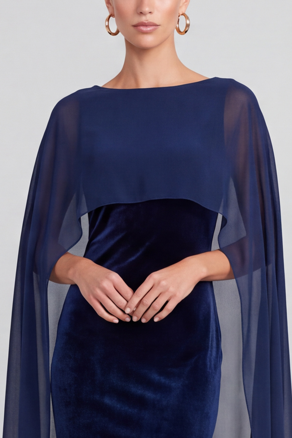 Navy Sheath Boat Neck Velvet Long Holiday Party Dress with Cape