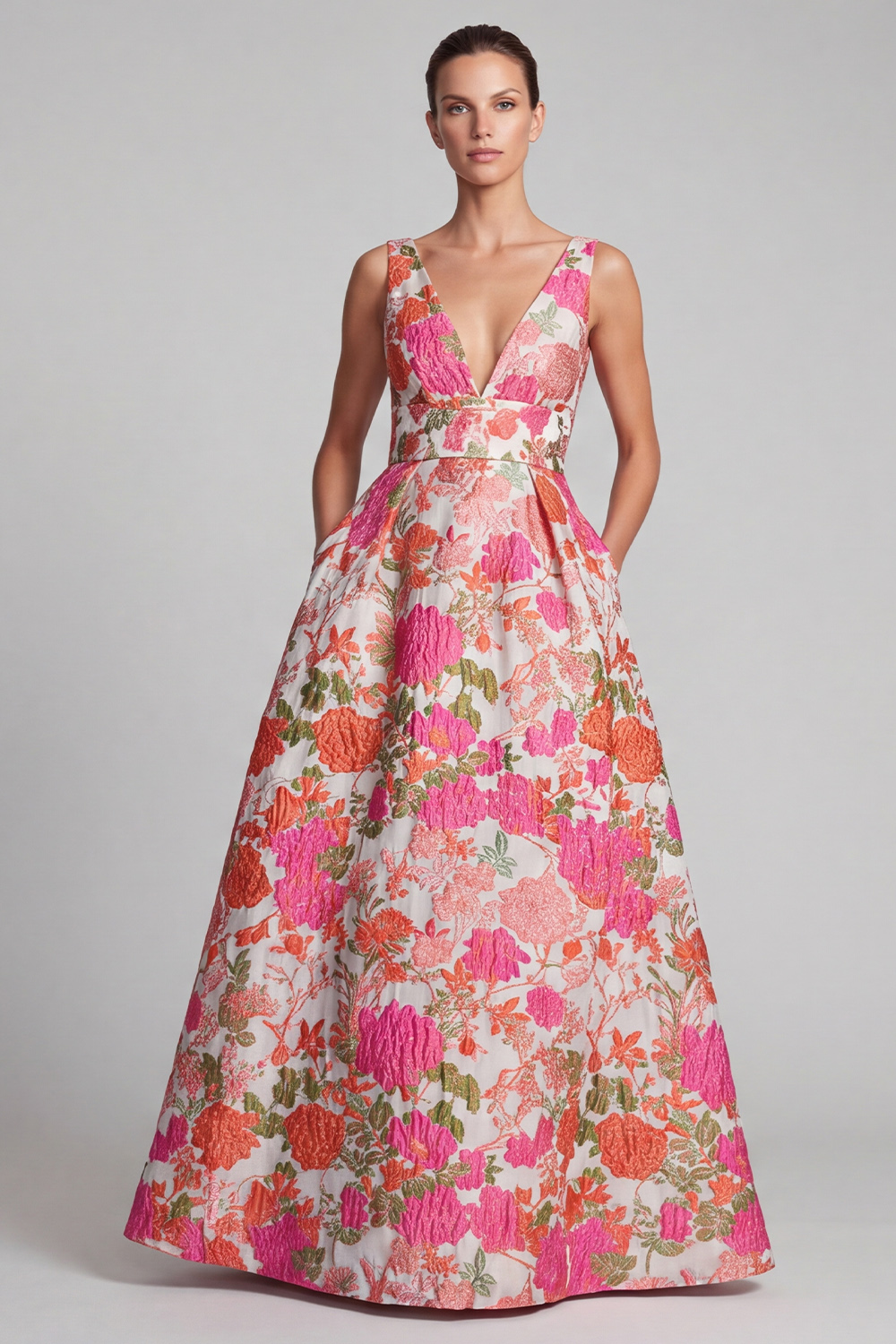 Pink A-Line V-Neck Floral Long Formal Dress with Pockets
