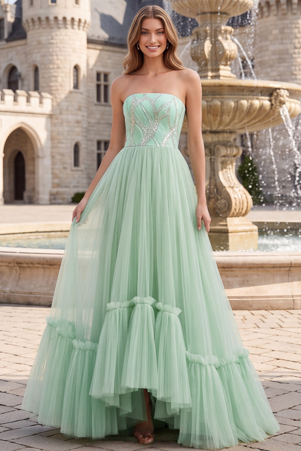 Sage Green Strapless A-Line Ruffled Long Prom Dress with Sequins