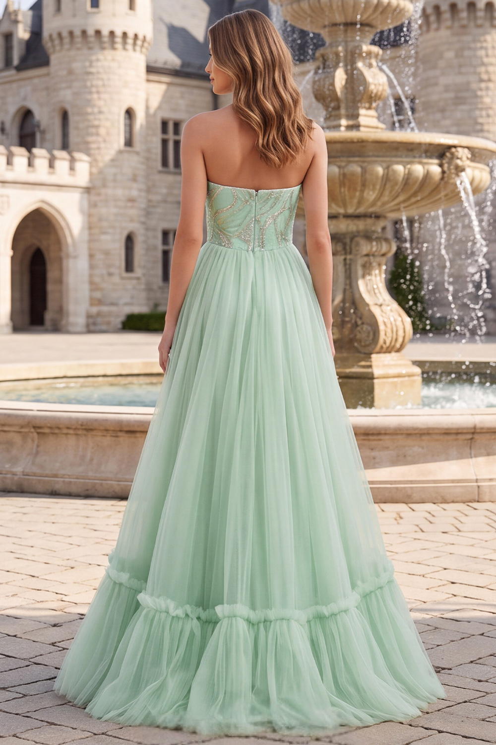 Sage Green Strapless A-Line Ruffled Long Prom Dress with Sequins