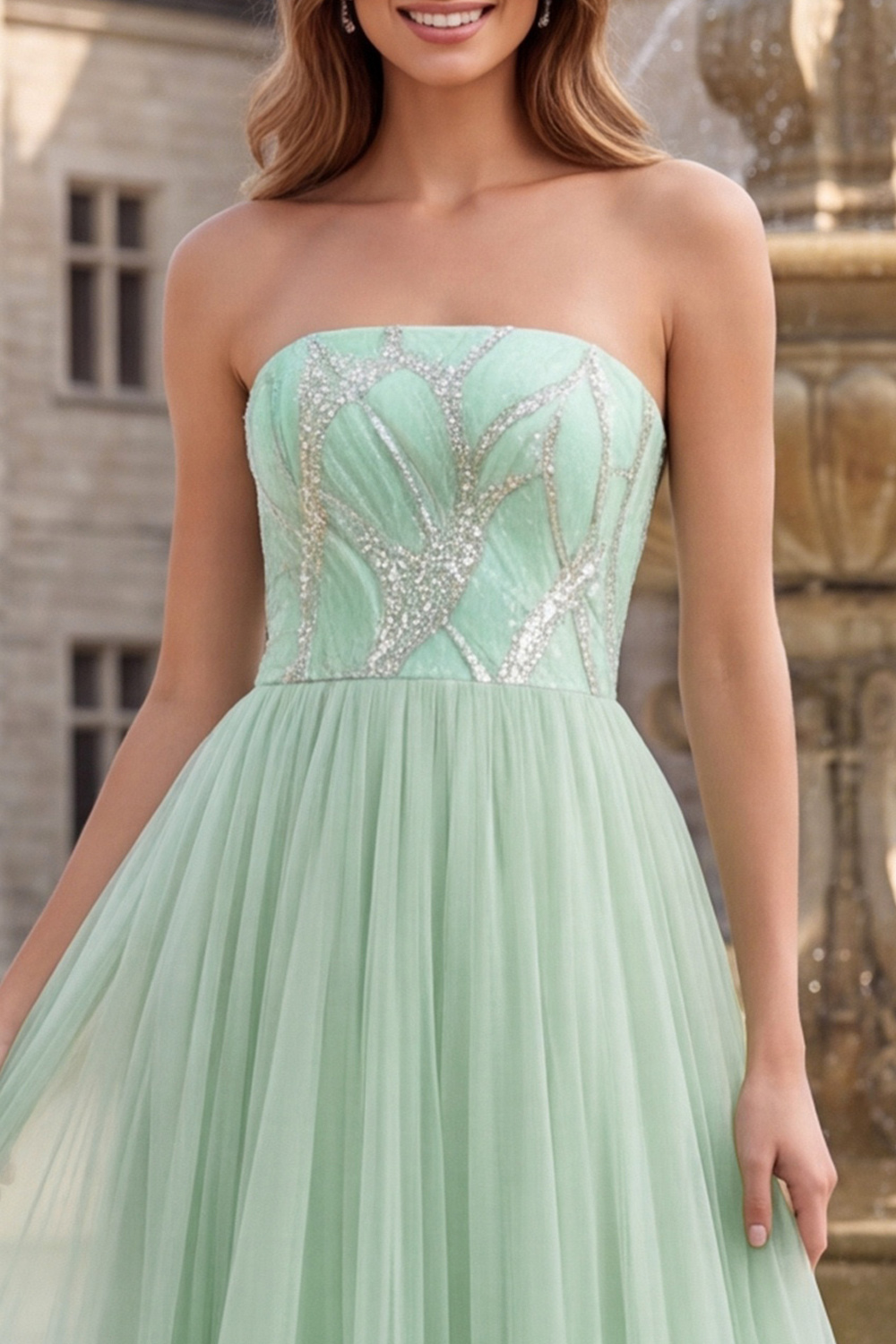 Sage Green Strapless A-Line Ruffled Long Prom Dress with Sequins
