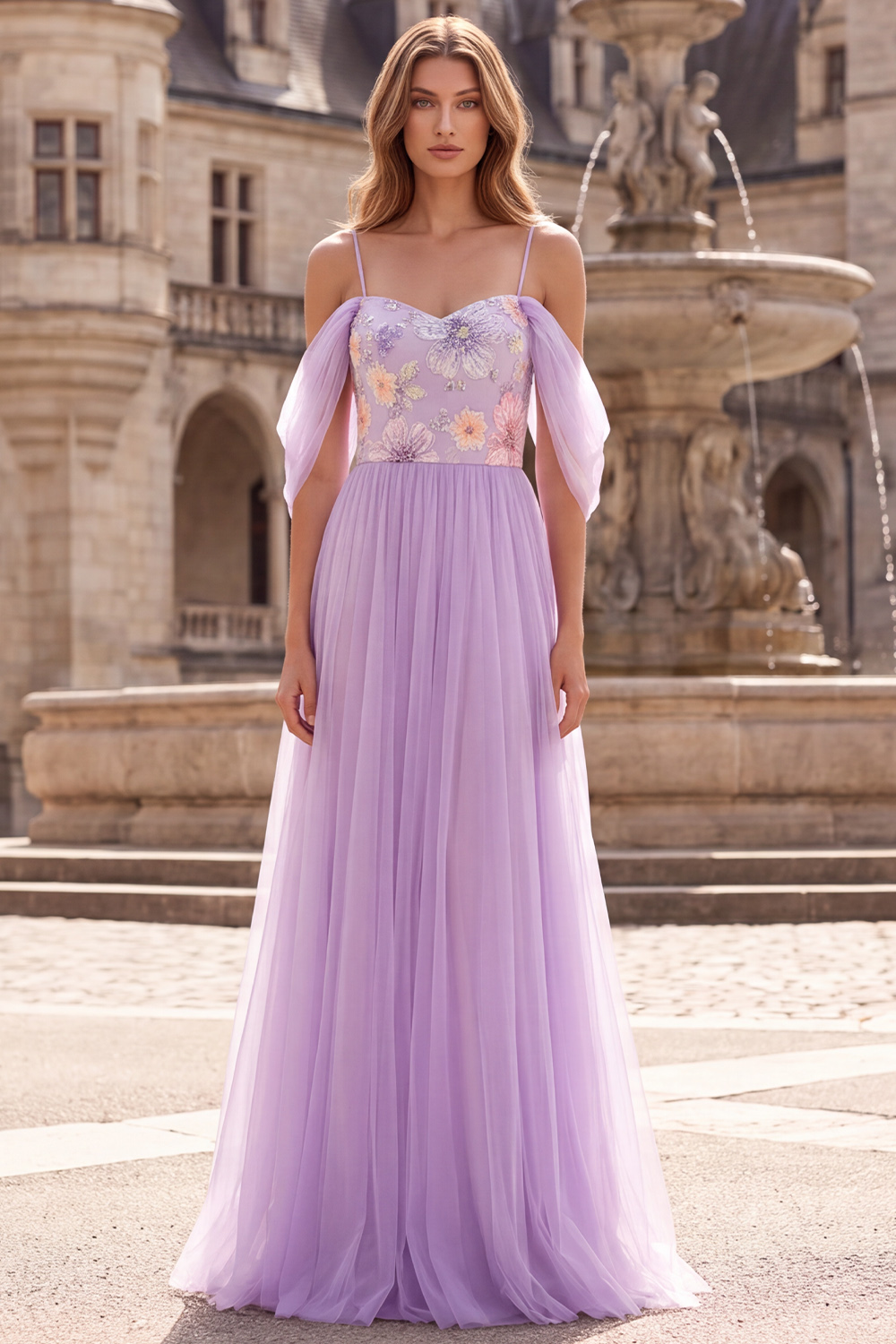 Lilac Floral A-Line Cold Shoulder Tulle Long Prom Dress
