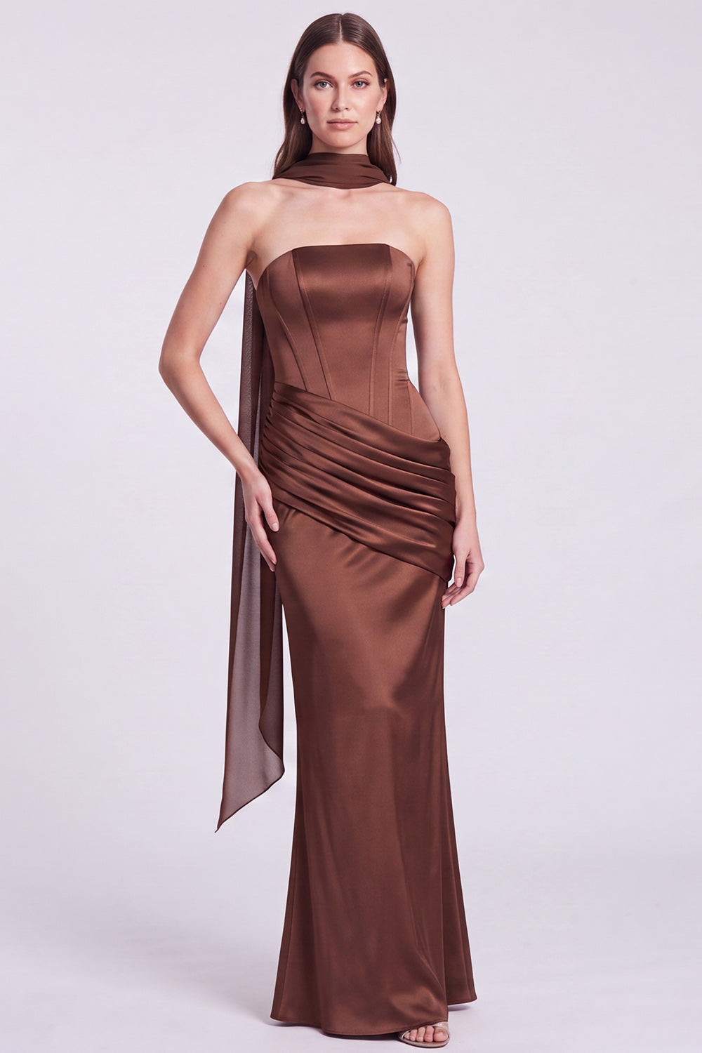 Pink Strapless Mermaid Corset Satin Draped Long Formal Dress