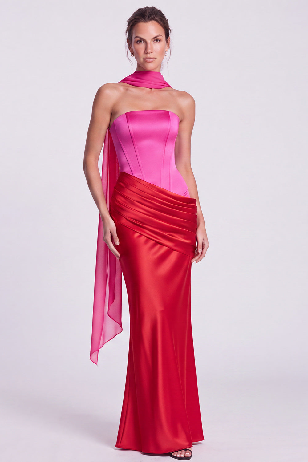 Pink Strapless Mermaid Corset Satin Draped Long Formal Dress