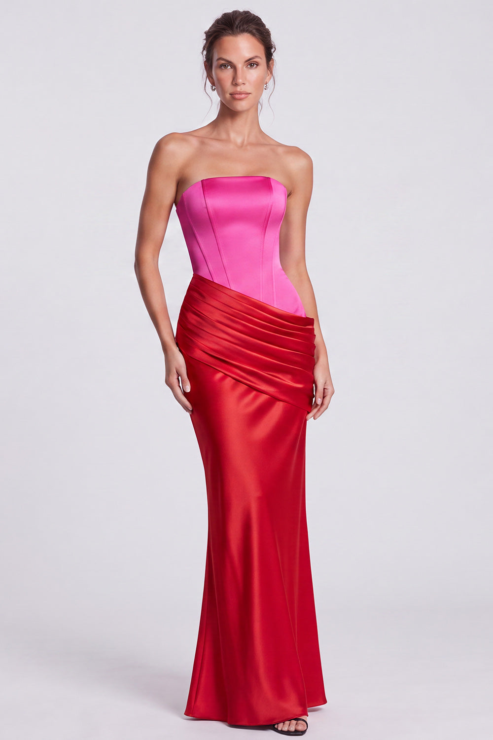 Pink Strapless Mermaid Corset Satin Draped Long Formal Dress