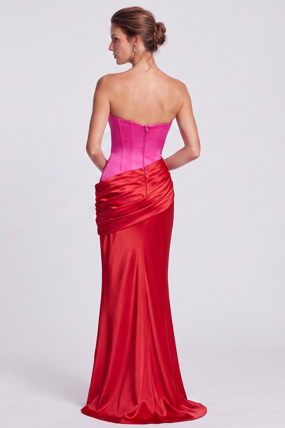 Pink Strapless Mermaid Corset Satin Draped Long Formal Dress