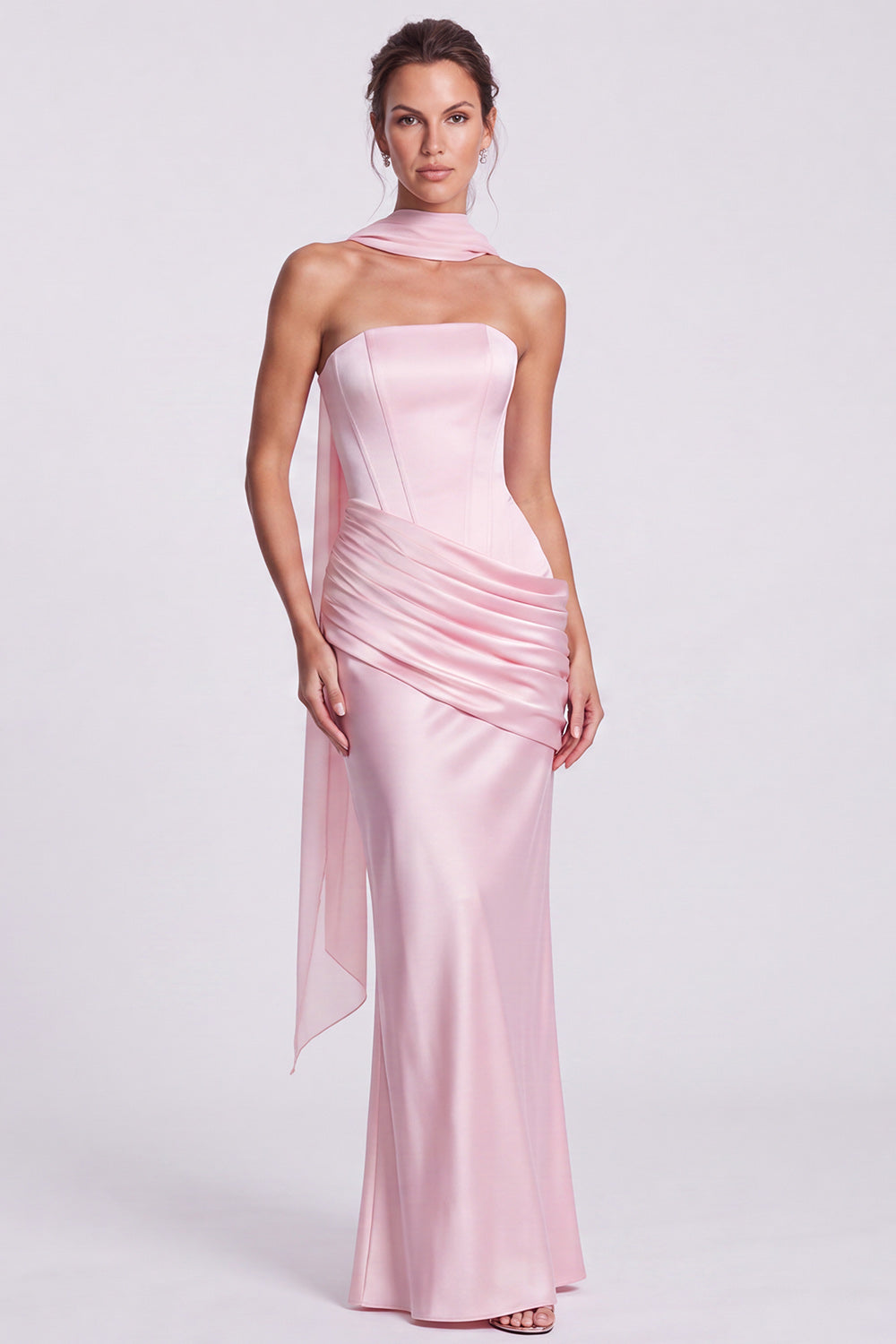 Pink Strapless Mermaid Corset Satin Draped Long Formal Dress