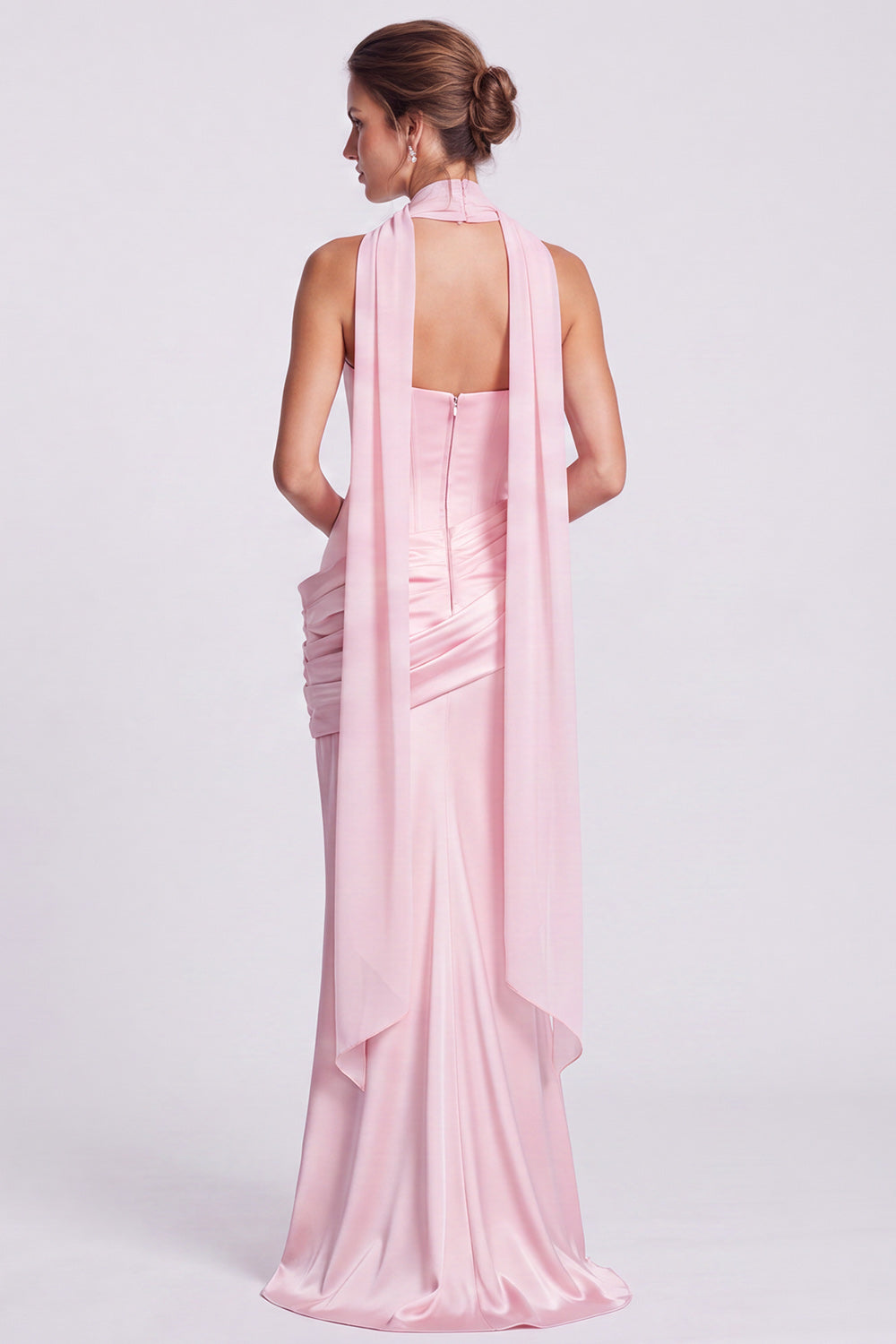 Pink Strapless Mermaid Corset Satin Draped Long Formal Dress
