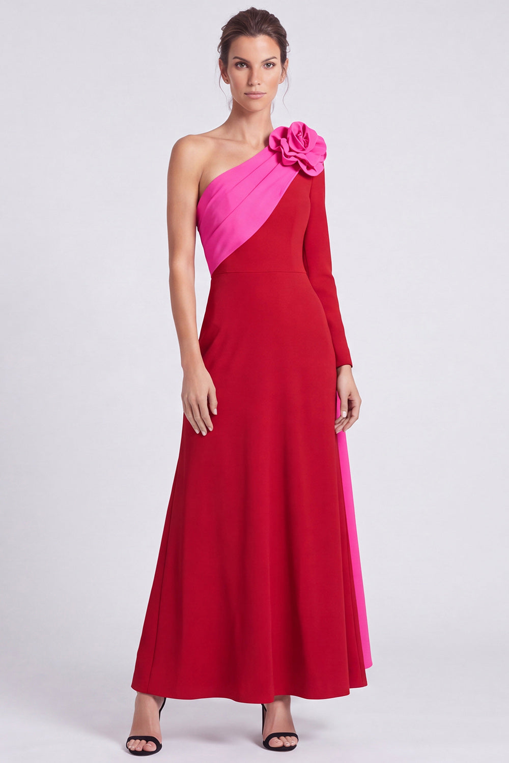 Pink and Green Floral A Line Ruched Long Formal Dress with Sash