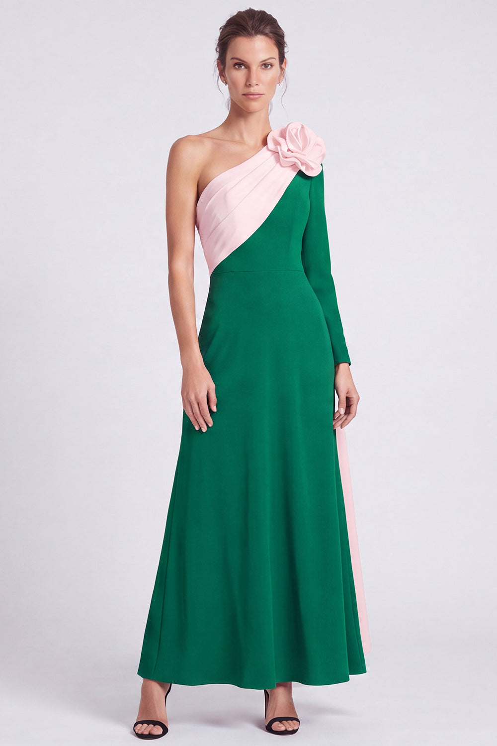 Pink and Green Floral A Line Ruched Long Formal Dress with Sash