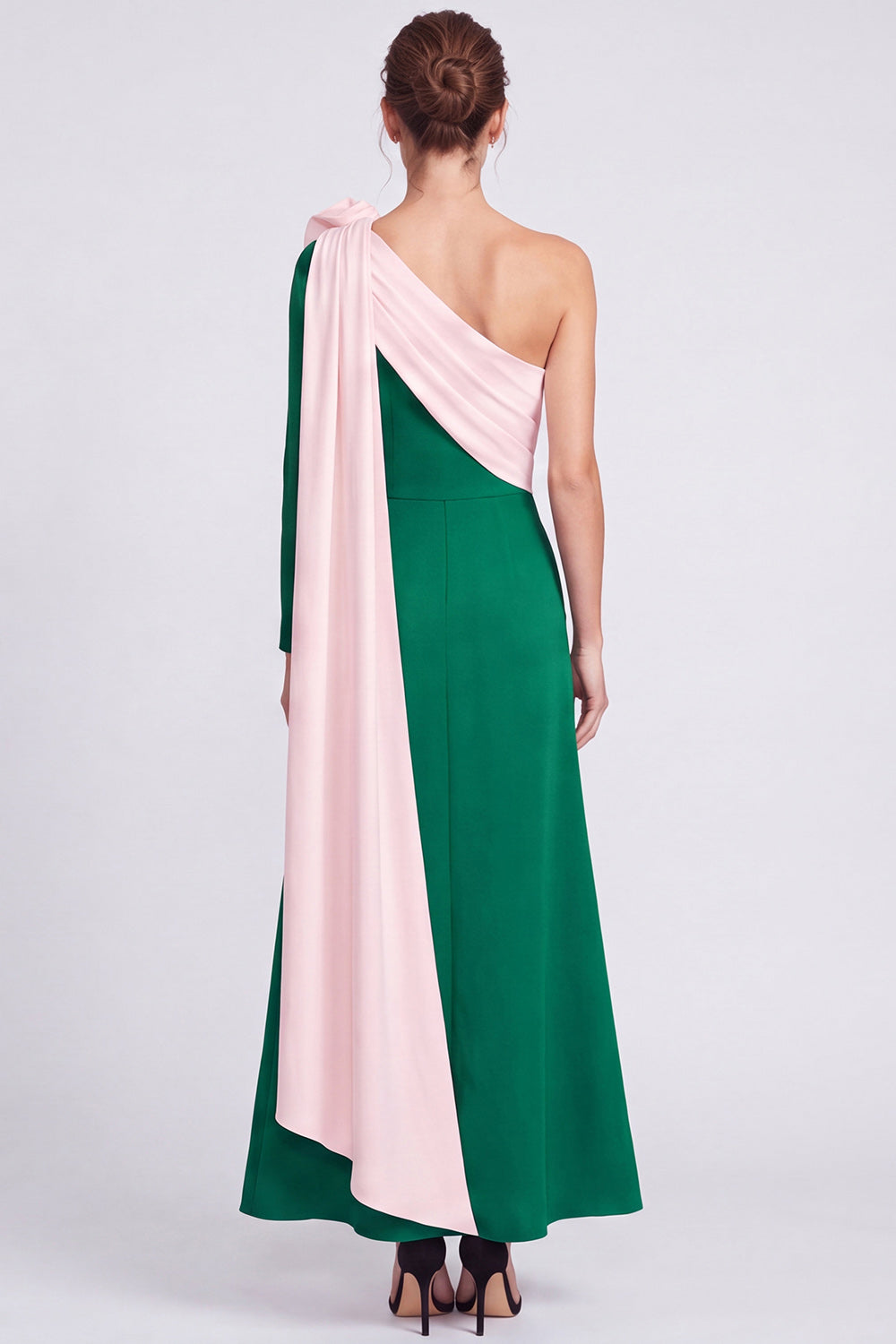 Pink and Green Floral A Line Ruched Long Formal Dress with Sash