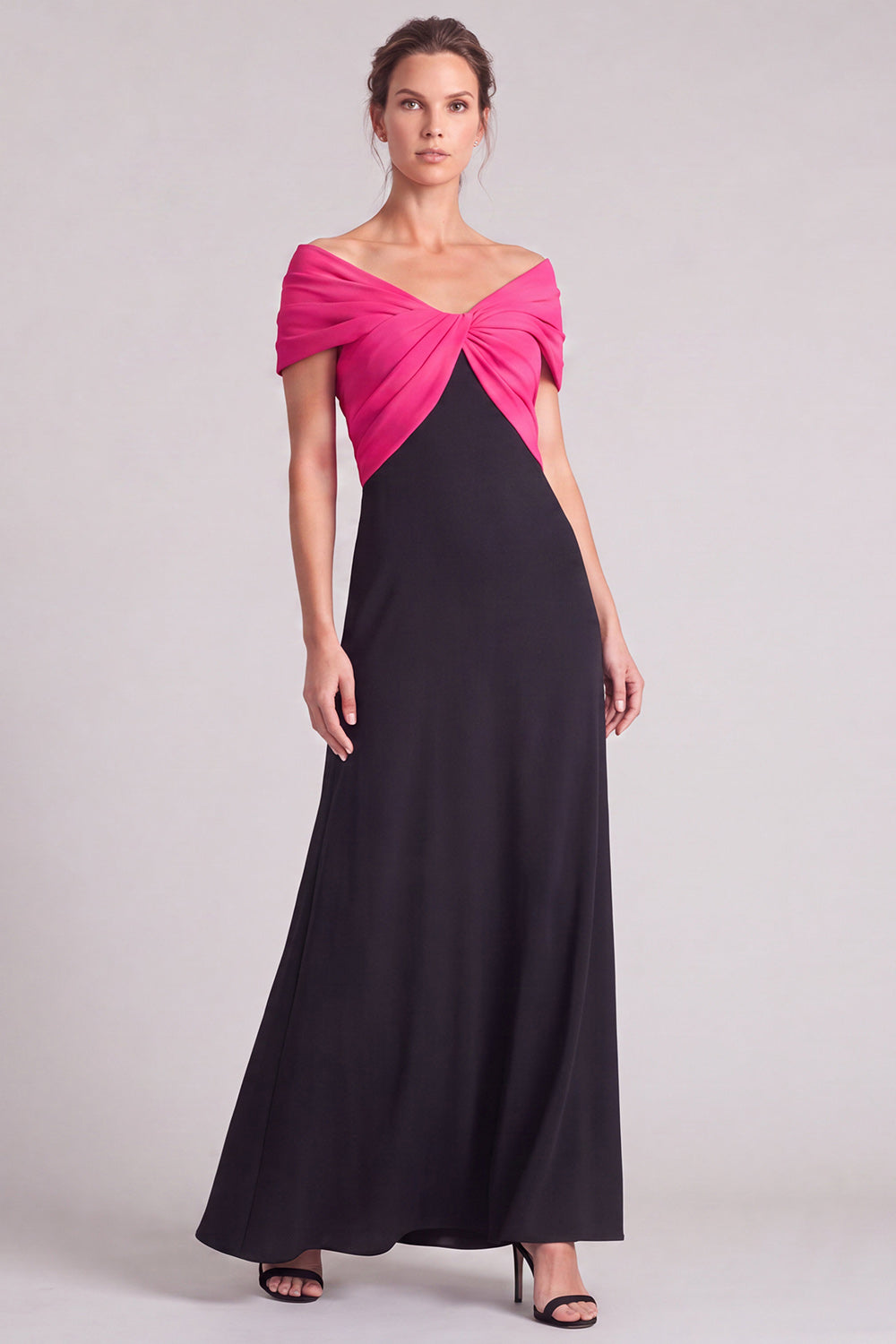 White and Black Off The Shoulder A Line Ruched Long Formal Dress