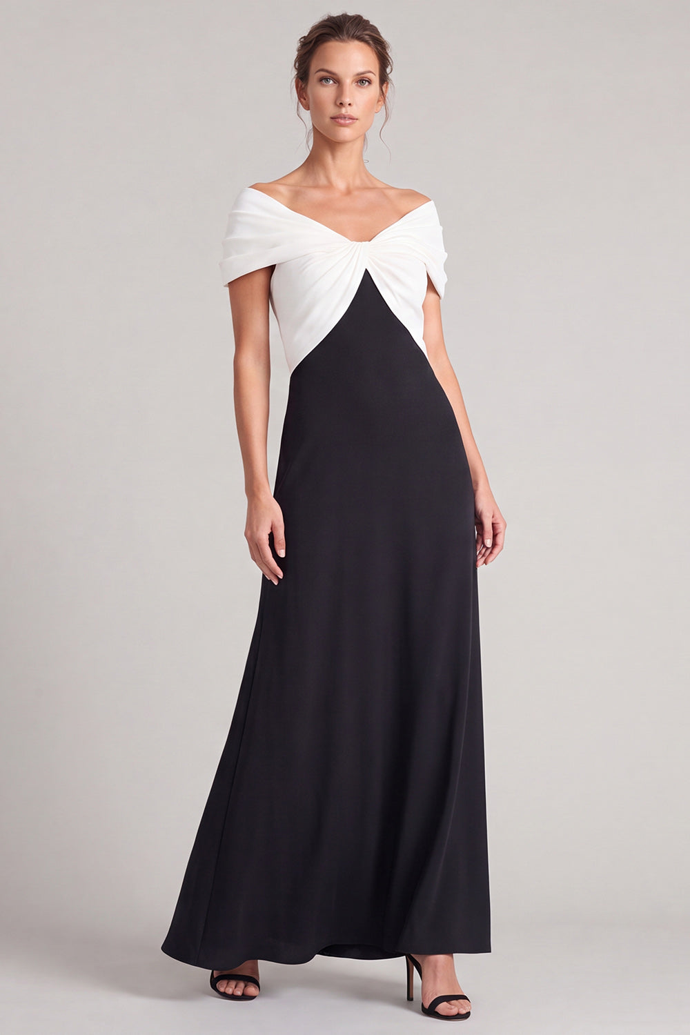 White and Black Off The Shoulder A Line Ruched Long Formal Dress