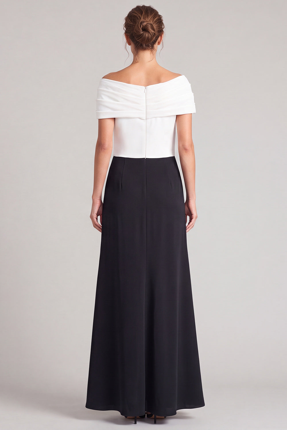 White and Black Off The Shoulder A Line Ruched Long Formal Dress