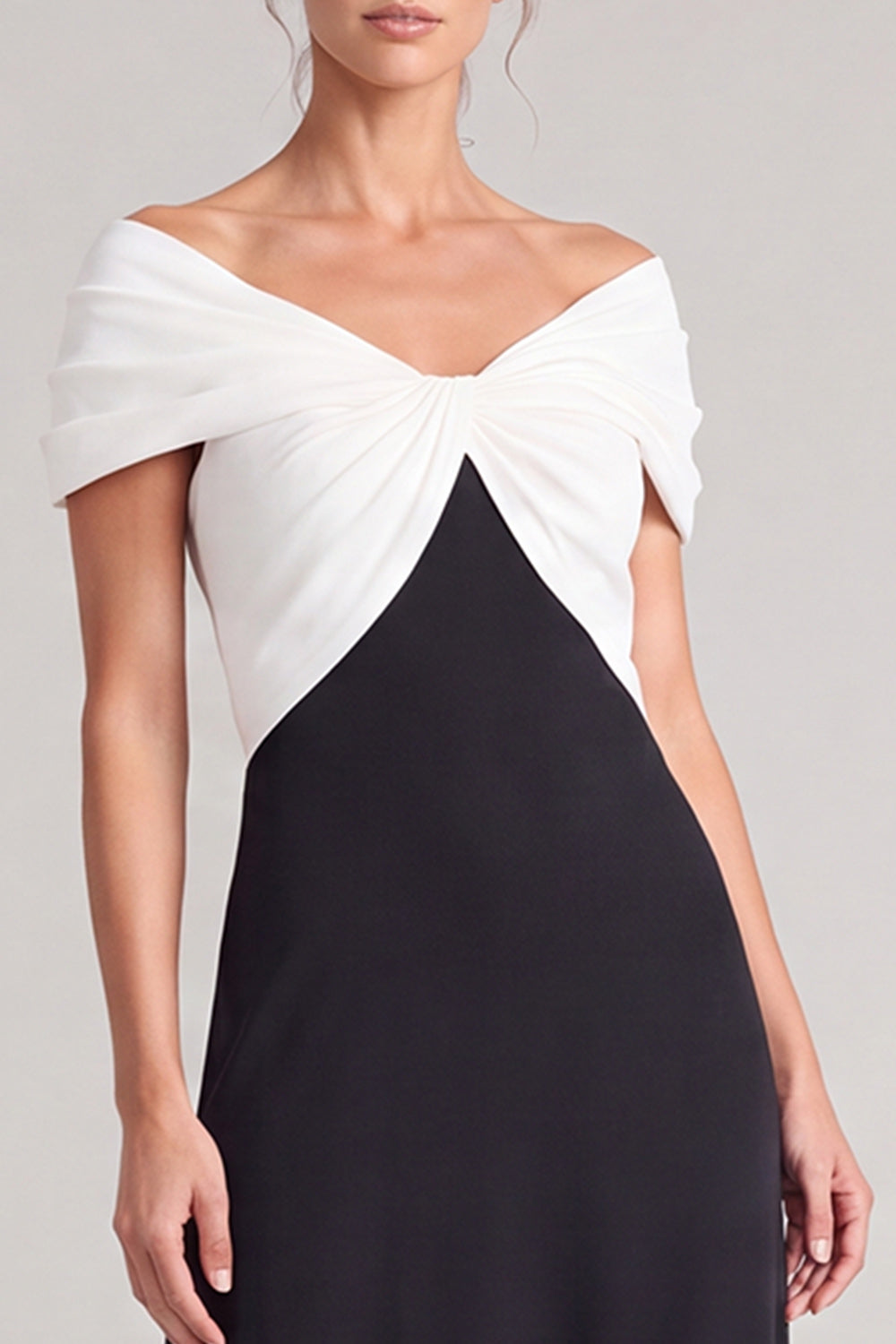 White and Black Off The Shoulder A Line Ruched Long Formal Dress