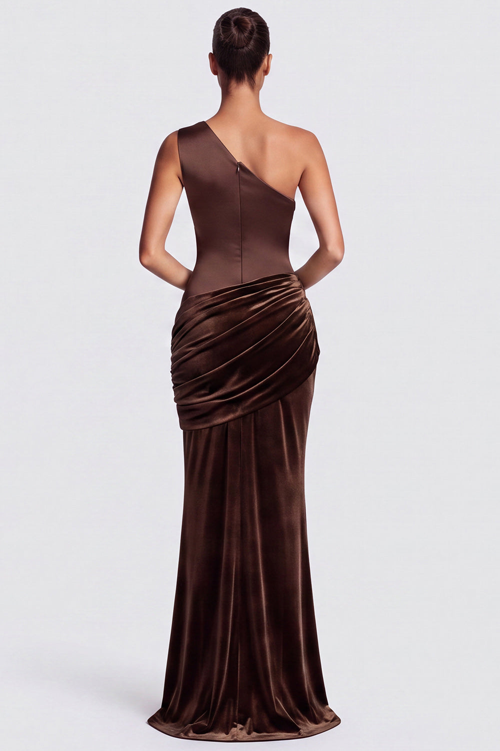 Brown Draped Velvet One Shoulder Mermaid Long Formal Dress
