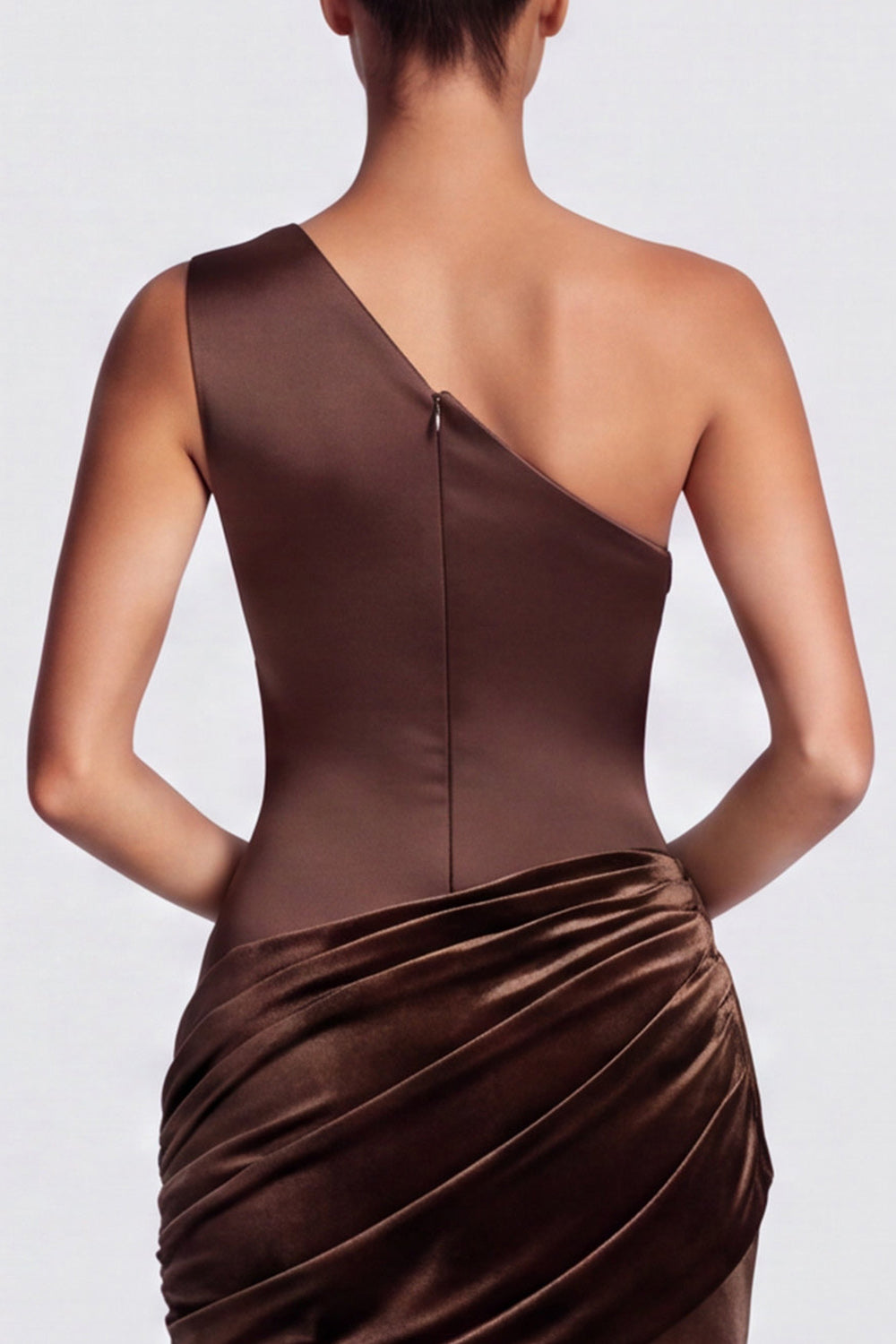 Brown Draped Velvet One Shoulder Mermaid Long Formal Dress