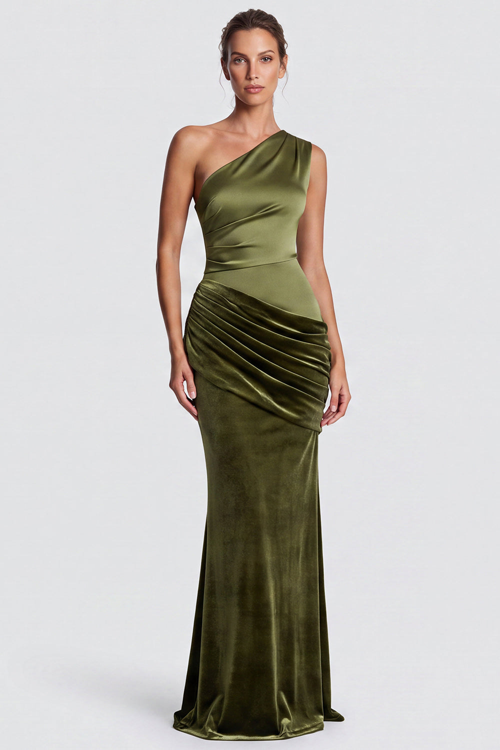 Brown Draped Velvet One Shoulder Mermaid Long Formal Dress