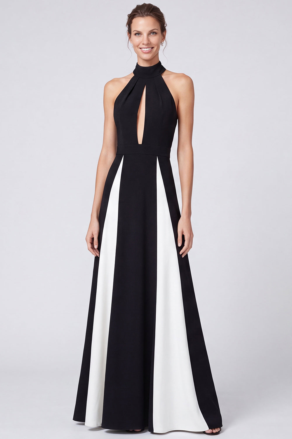 Black and White A Line Keyhole Patchwork Halter Long Formal Dress