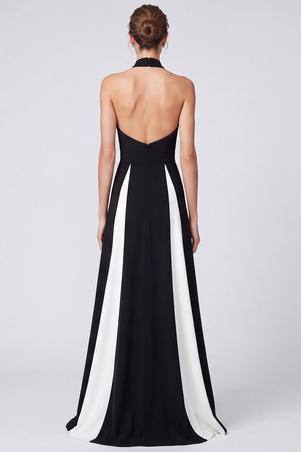 Black and White A Line Keyhole Patchwork Halter Long Formal Dress
