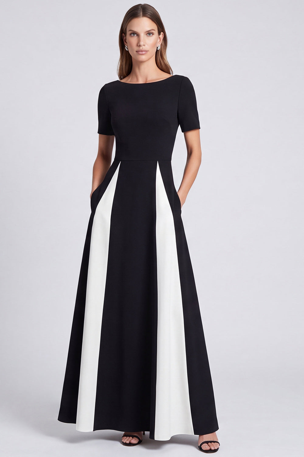 Black and White Boat Neck A Line Long Formal Dress with Pockets