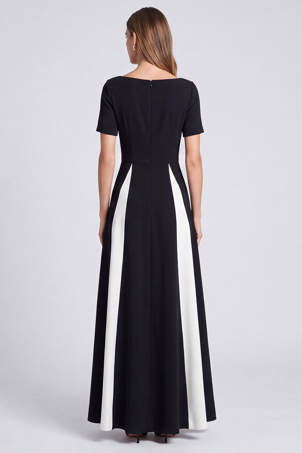 Black and White Boat Neck A Line Long Formal Dress with Pockets