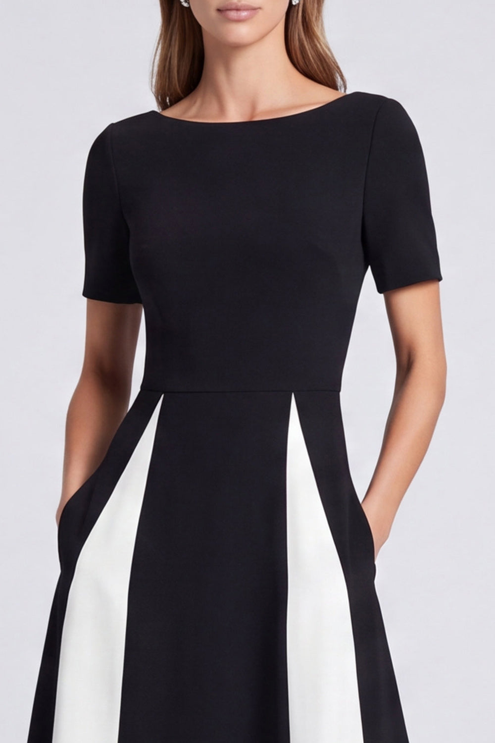 Black and White Boat Neck A Line Long Formal Dress with Pockets