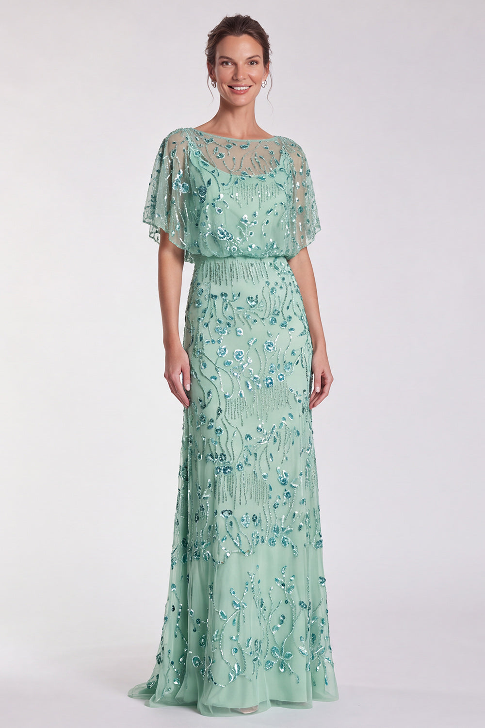 Sky Blue Floral Sparkly Mermaid Sequin Long Formal Dress with Sleeves