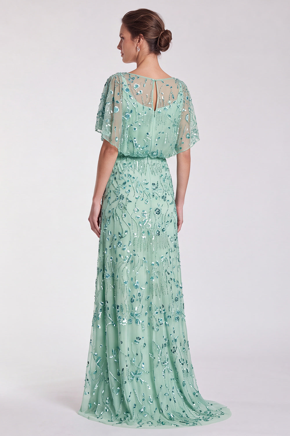 Sky Blue Floral Sparkly Mermaid Sequin Long Formal Dress with Sleeves