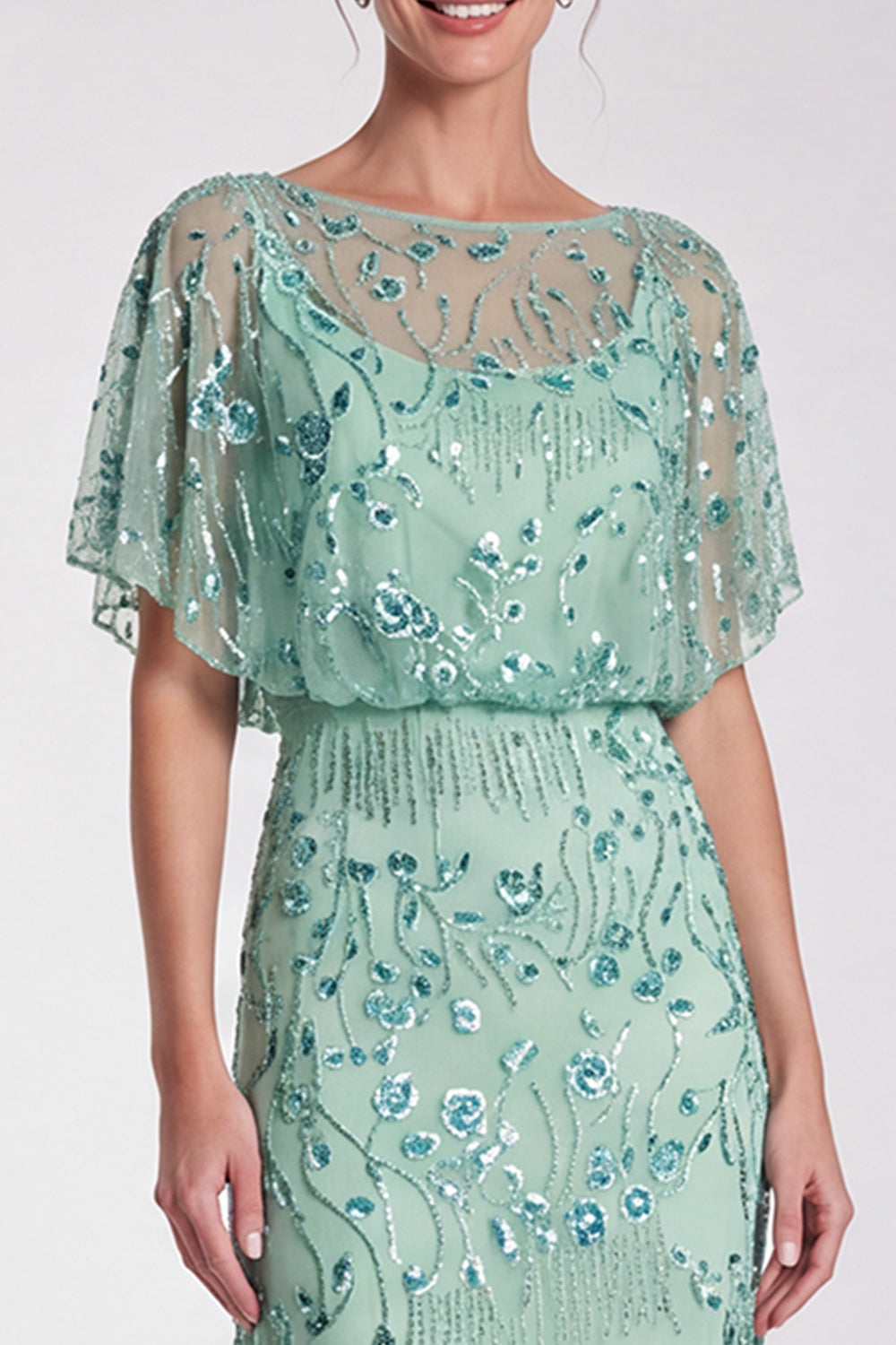 Sky Blue Floral Sparkly Mermaid Sequin Long Formal Dress with Sleeves