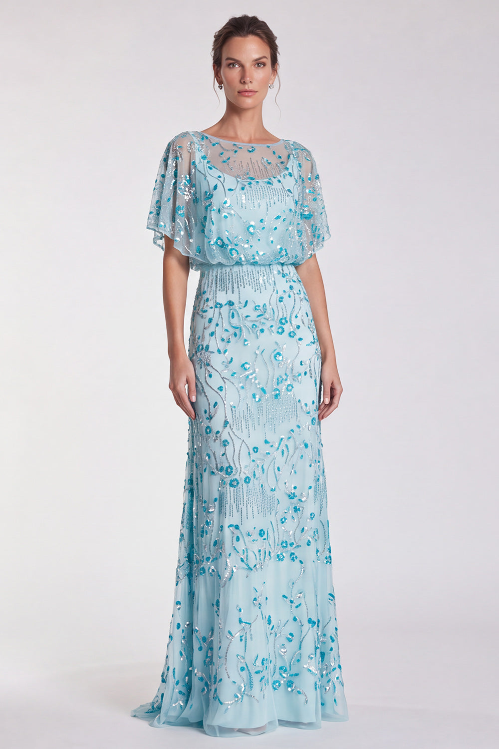 Sky Blue Floral Sparkly Mermaid Sequin Long Formal Dress with Sleeves