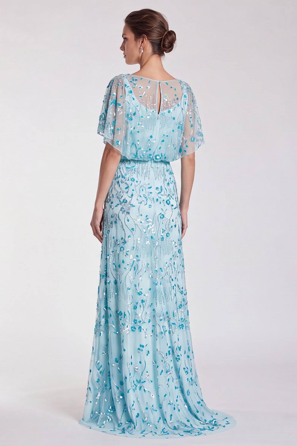 Sky Blue Floral Sparkly Mermaid Sequin Long Formal Dress with Sleeves