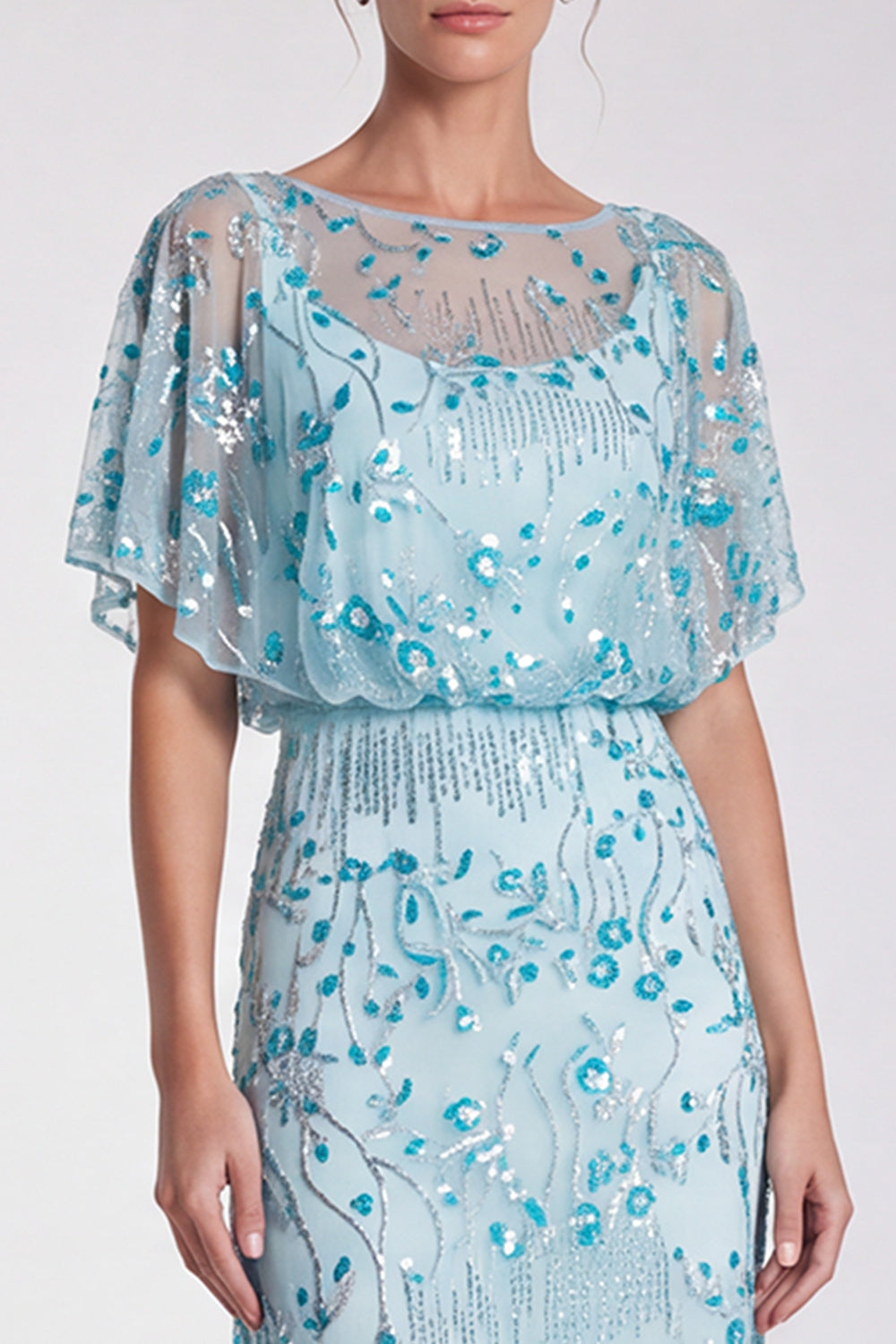 Sky Blue Floral Sparkly Mermaid Sequin Long Formal Dress with Sleeves