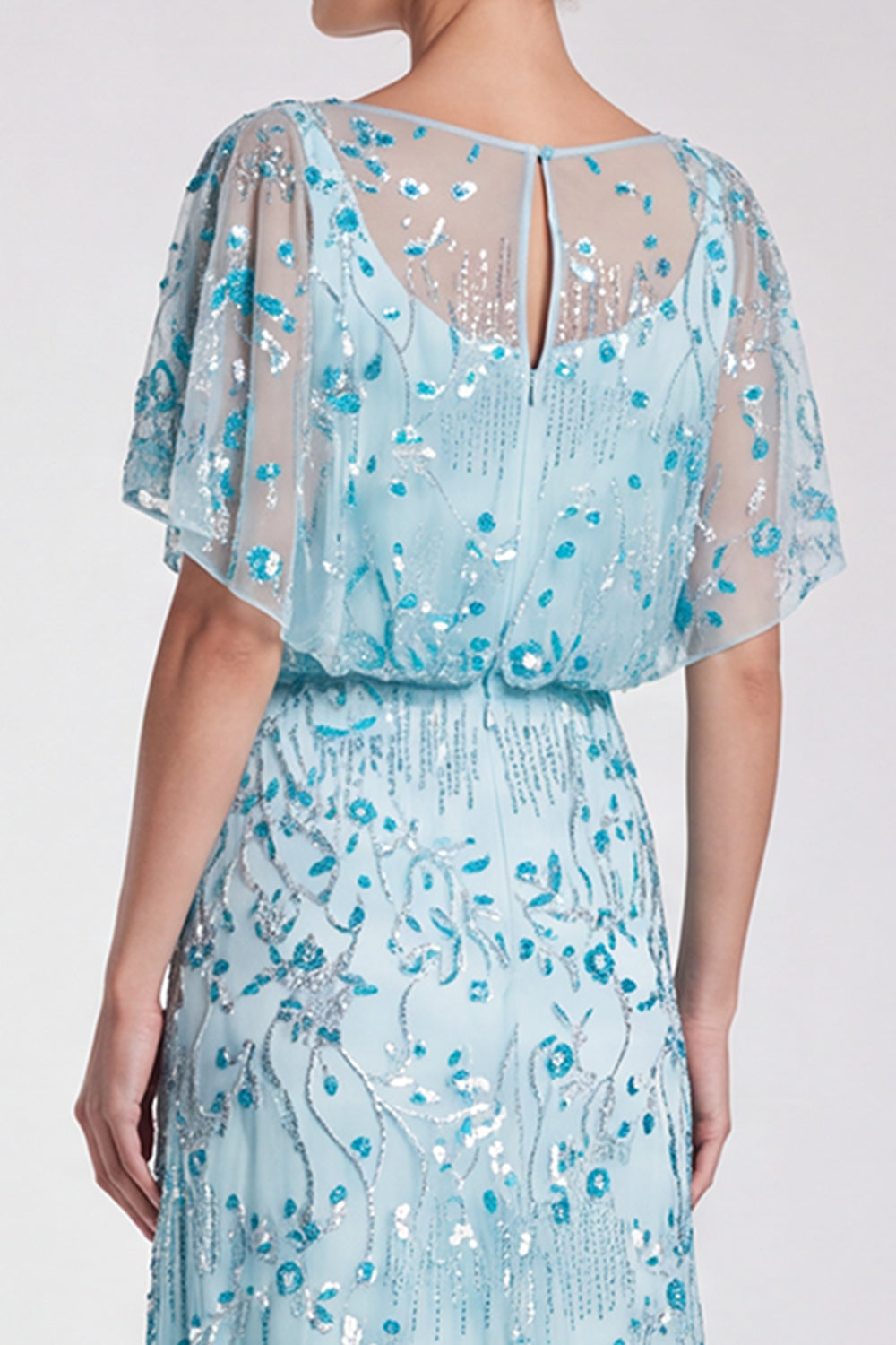 Sky Blue Floral Sparkly Mermaid Sequin Long Formal Dress with Sleeves