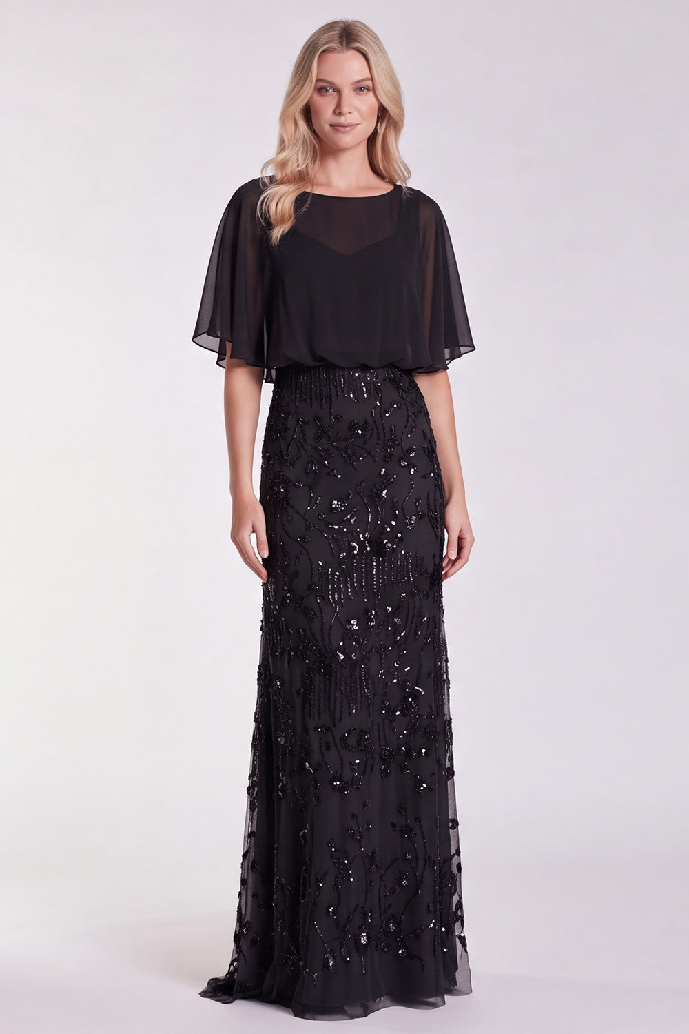 Floral Sparkly Sequin Red Mermaid Long Formal Dress with Sleeves