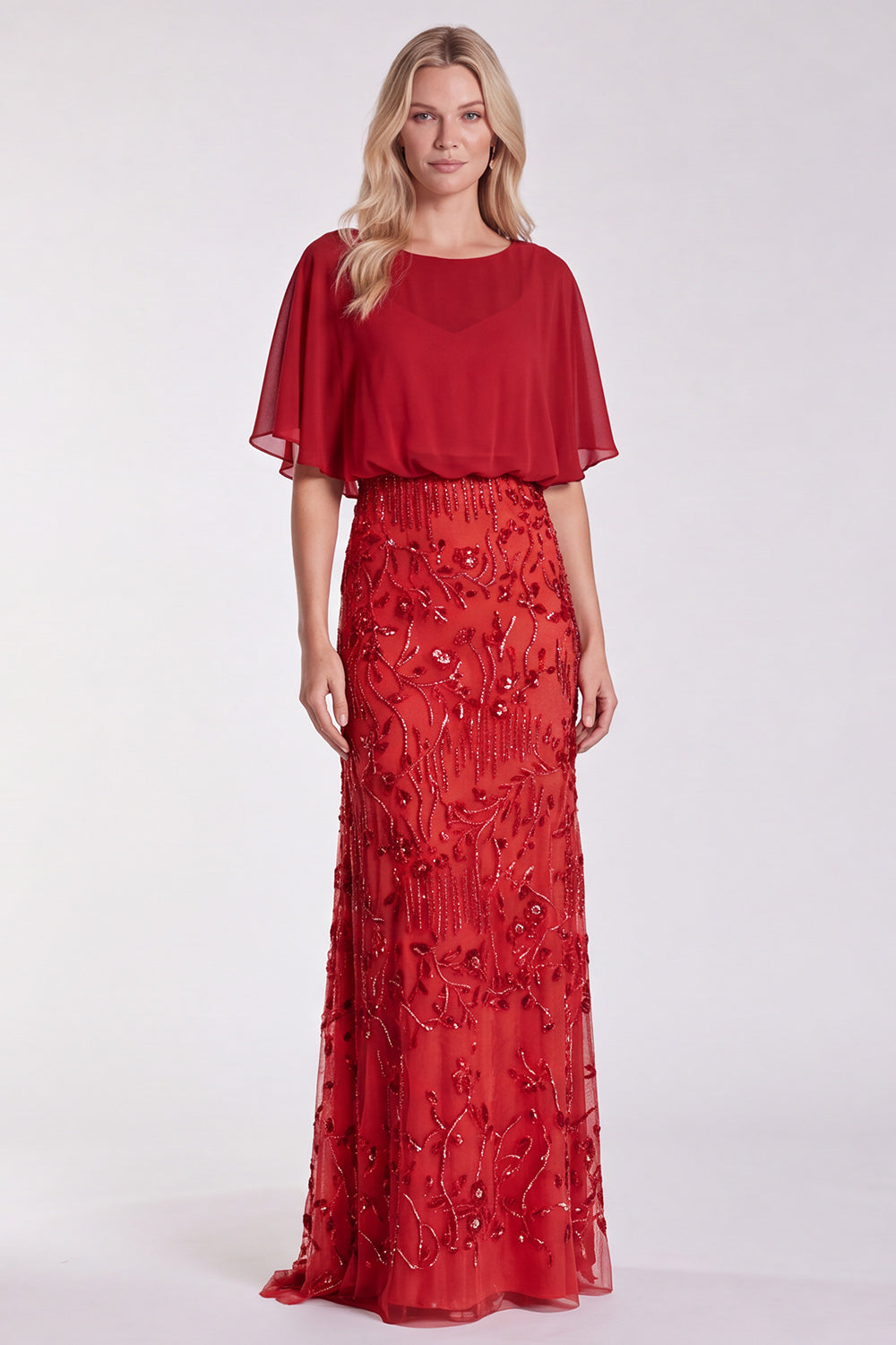 Floral Sparkly Sequin Red Mermaid Long Formal Dress with Sleeves
