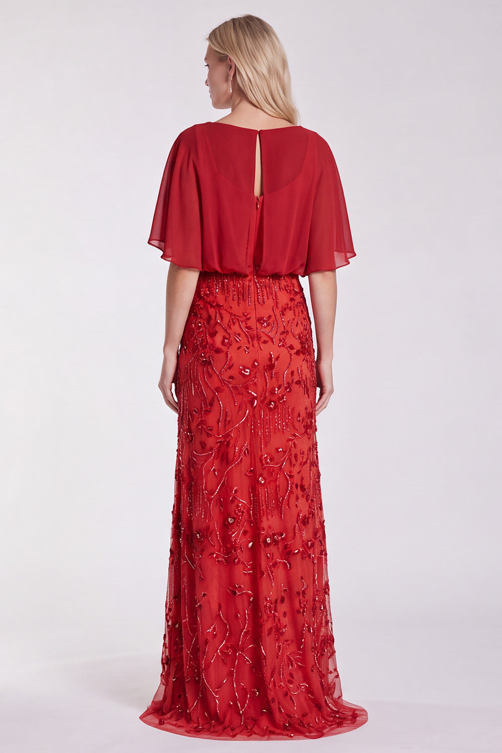 Floral Sparkly Sequin Red Mermaid Long Formal Dress with Sleeves