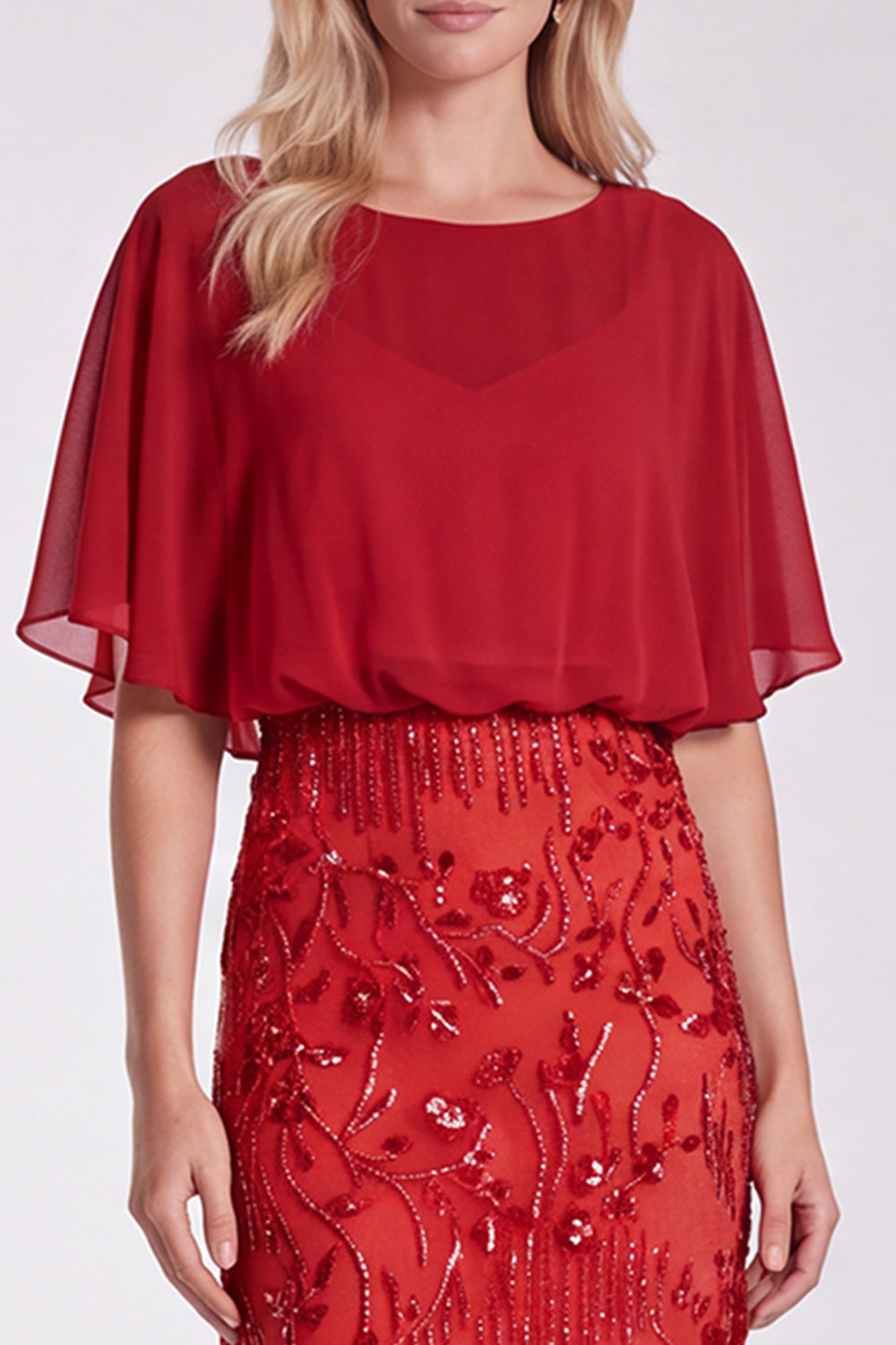 Floral Sparkly Sequin Red Mermaid Long Formal Dress with Sleeves