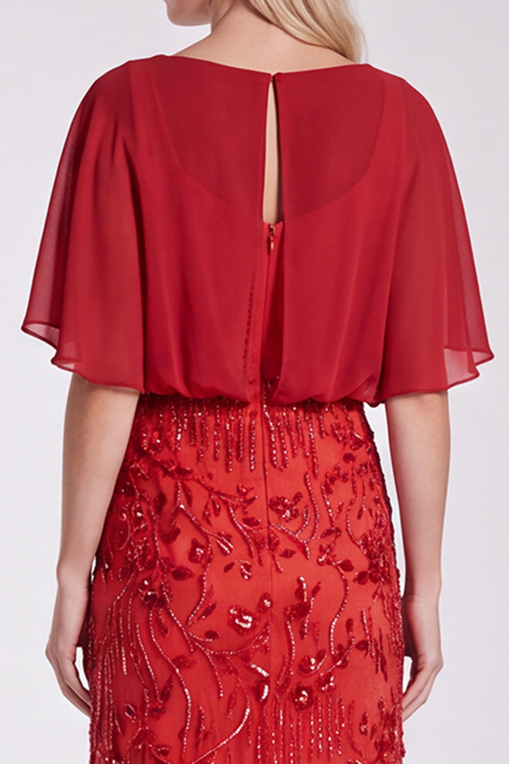 Floral Sparkly Sequin Red Mermaid Long Formal Dress with Sleeves