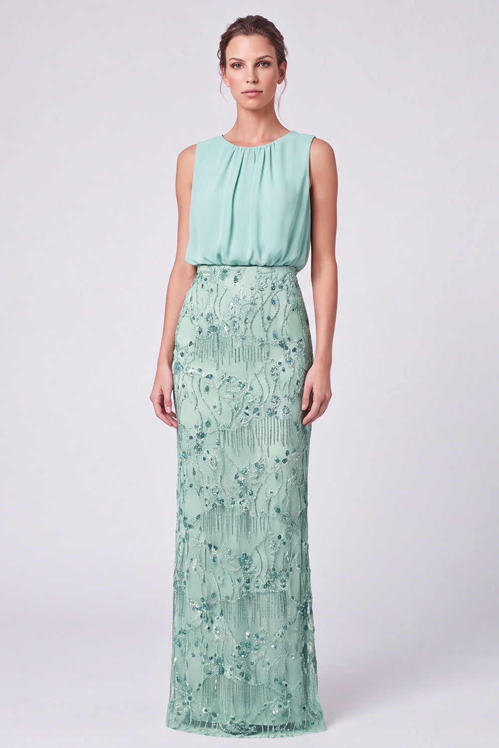 Sparkly Sequin Sage Green Floral Sheath Long Formal Dress