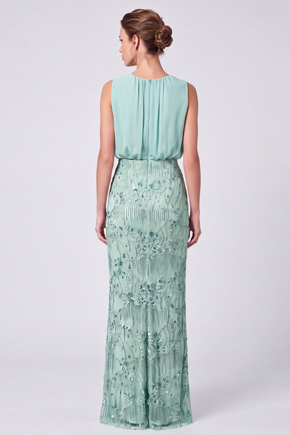 Sparkly Sequin Sage Green Floral Sheath Long Formal Dress