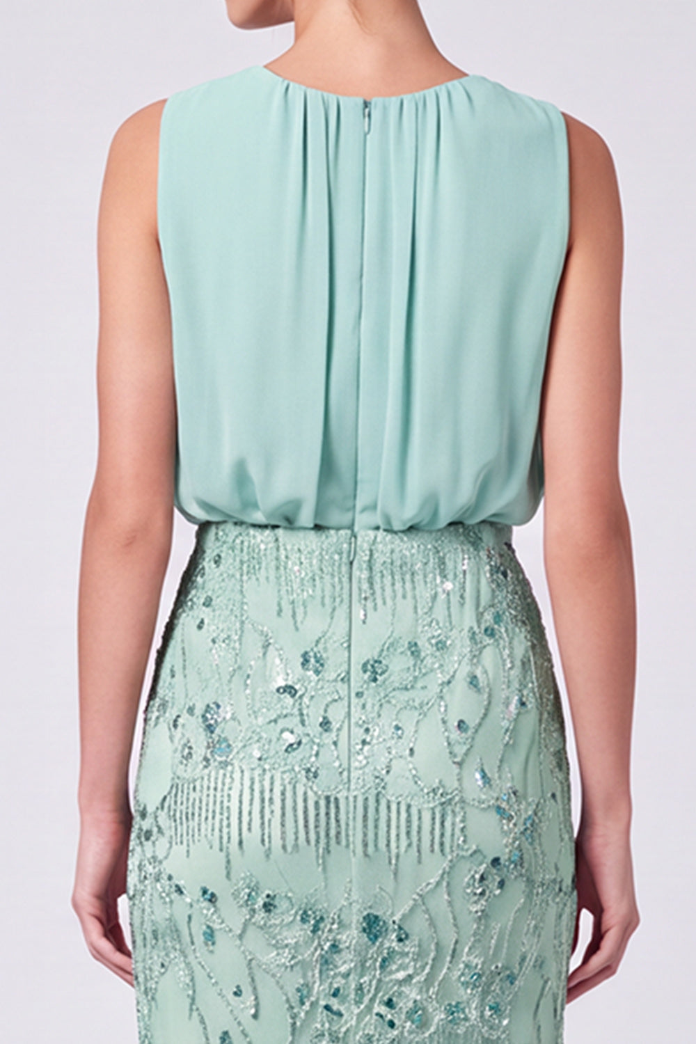 Sparkly Sequin Sage Green Floral Sheath Long Formal Dress