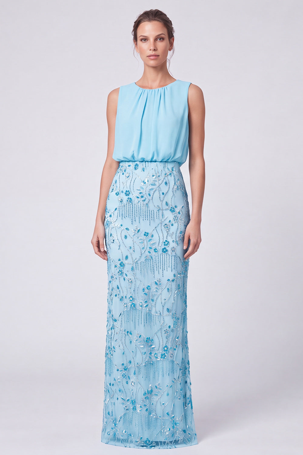 Sparkly Sequin Sage Green Floral Sheath Long Formal Dress