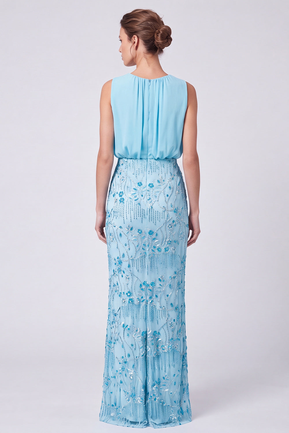 Sparkly Sequin Sage Green Floral Sheath Long Formal Dress