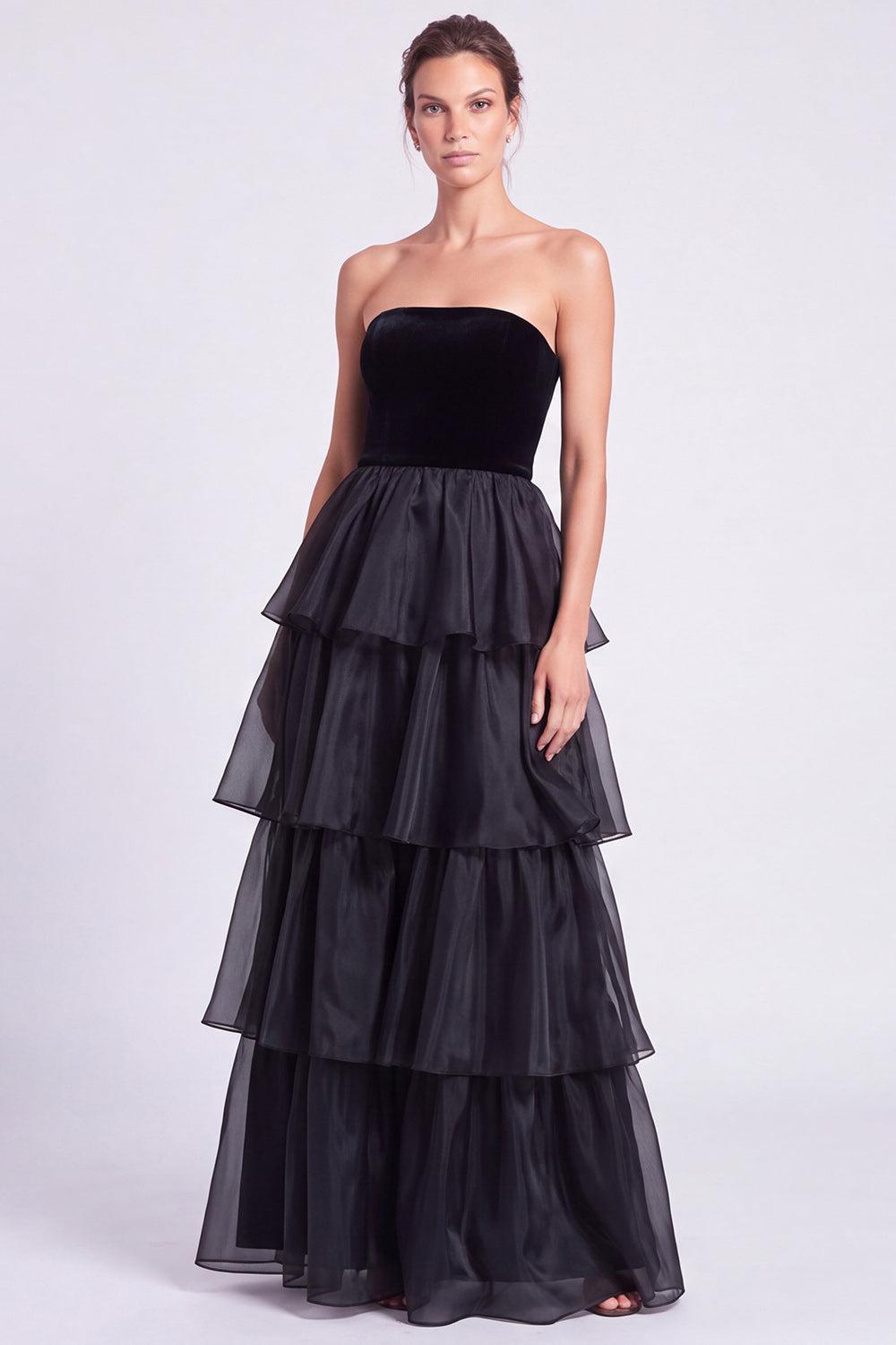 Dark Green Tiered Ruffled A Line Strapless Long Formal Dress