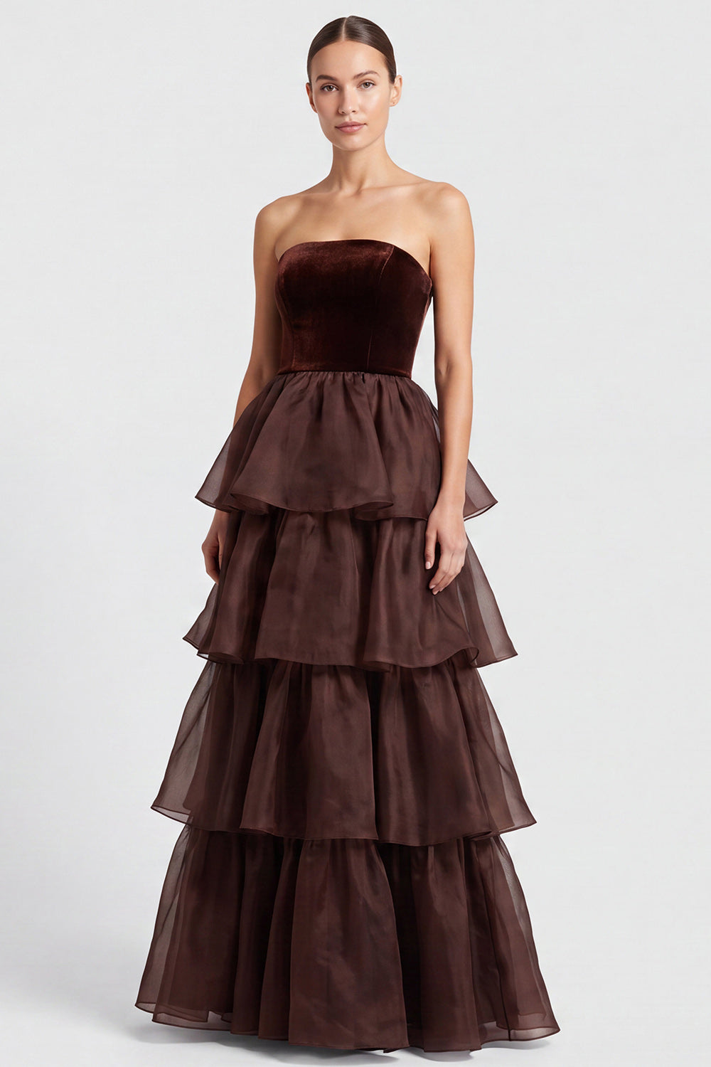 Dark Green Tiered Ruffled A Line Strapless Long Formal Dress
