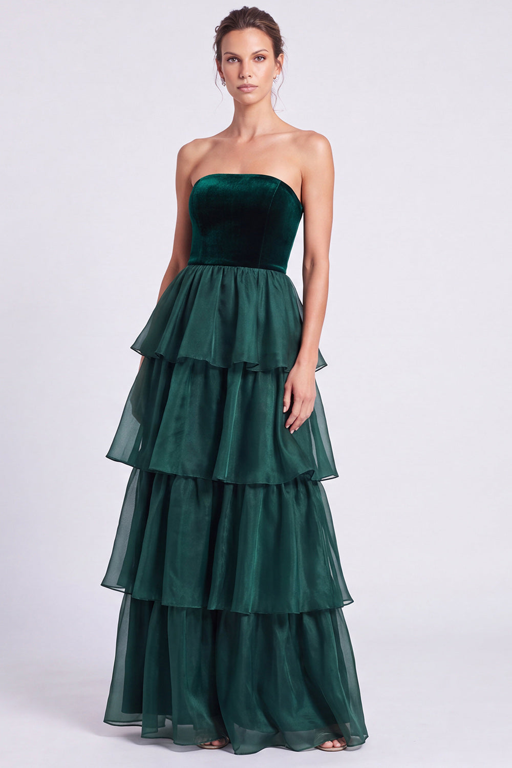 Dark Green Tiered Ruffled A Line Strapless Long Formal Dress