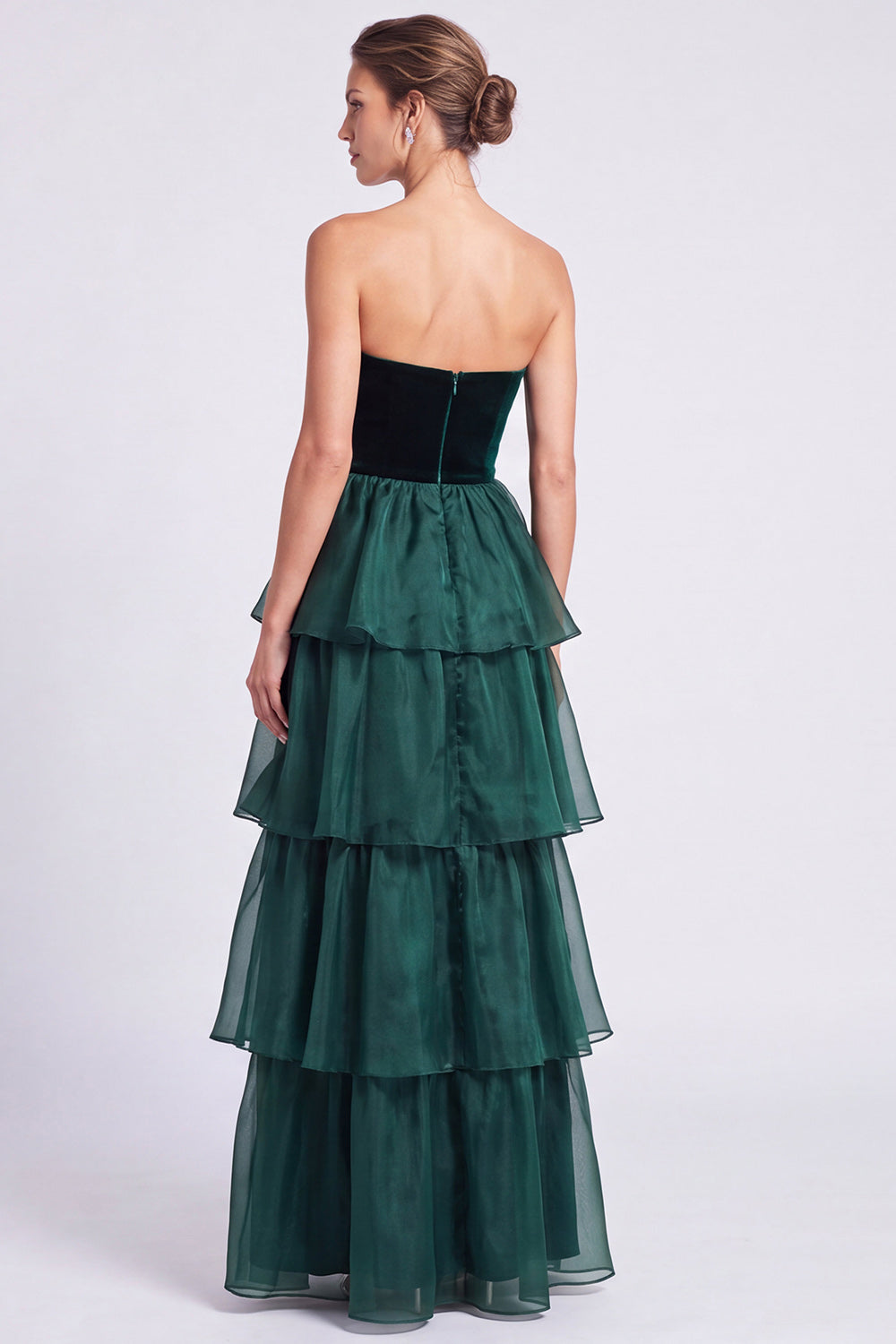 Dark Green Tiered Ruffled A Line Strapless Long Formal Dress
