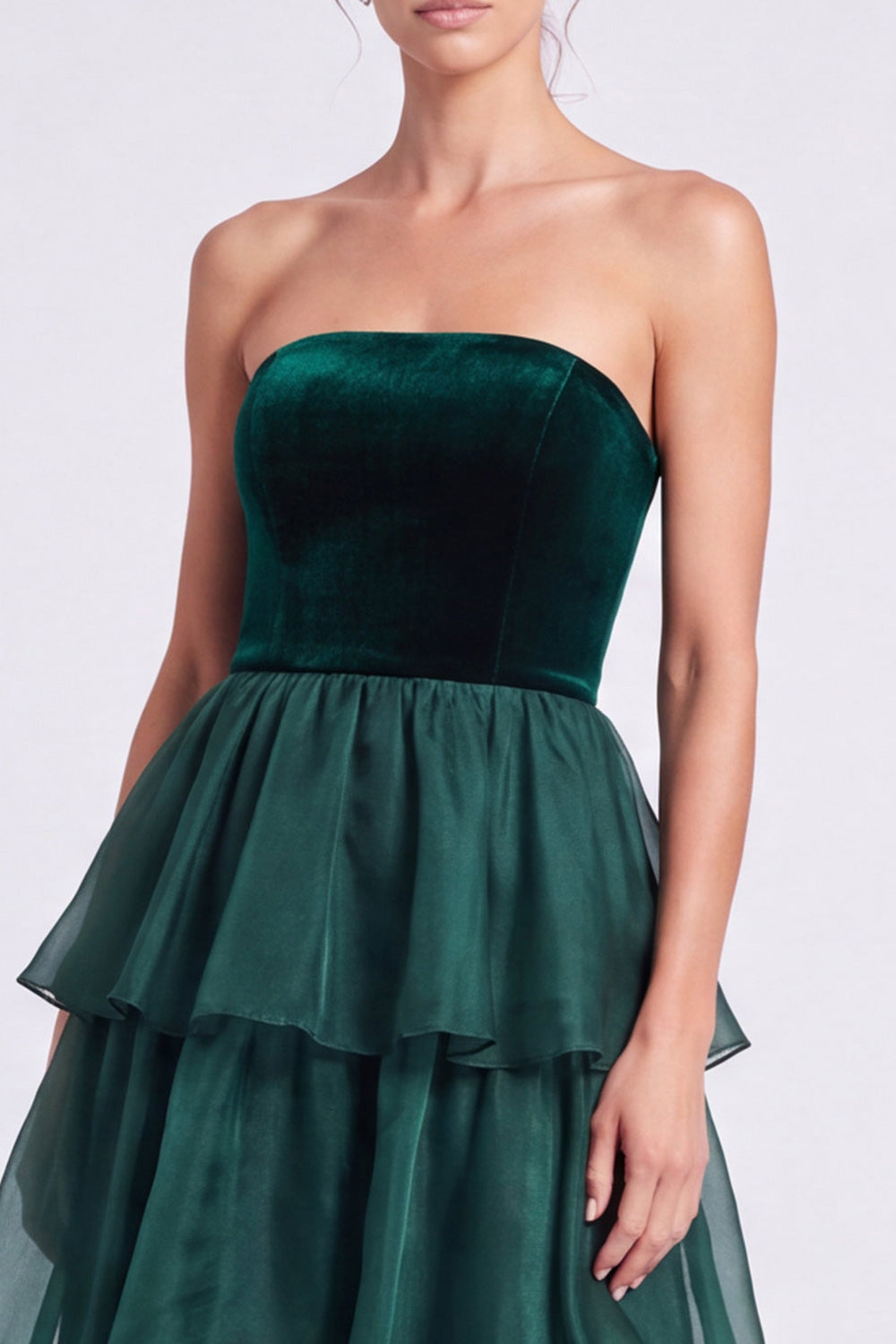 Dark Green Tiered Ruffled A Line Strapless Long Formal Dress