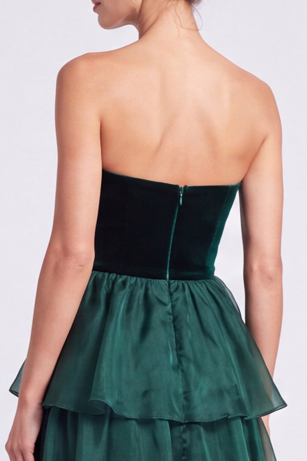 Dark Green Tiered Ruffled A Line Strapless Long Formal Dress